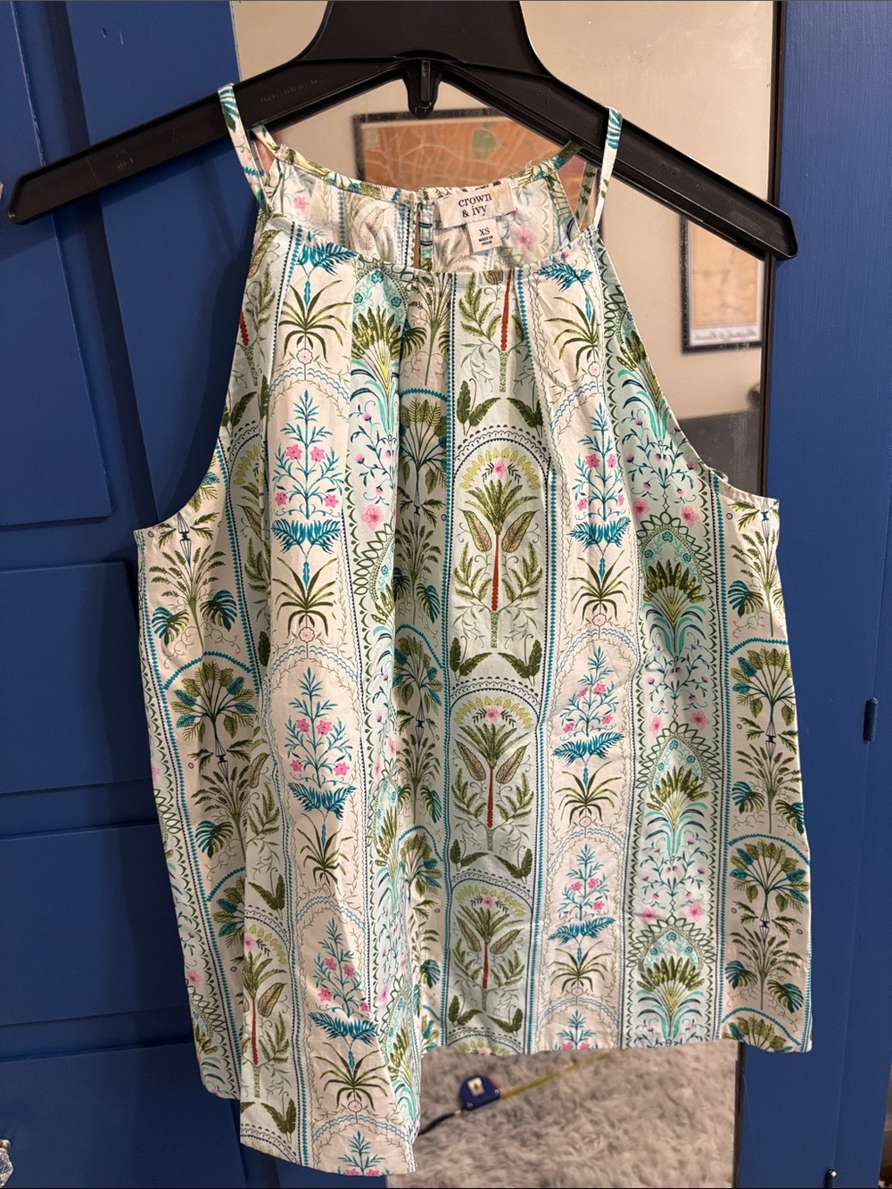 crown & ivy White Halter Tank with Blue, Green, and Pink Floral Stripes